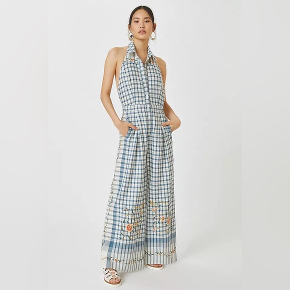 Anthropologie NWOT Blue White Check Floral Embroidered Wide Leg Retro Jumpsuit - Picture 1 of 12